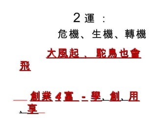 ２ 運  ： 危機、生機 、 轉機 大風起， 駝鳥也會飛 創業 4 富  -  學 、 創 、 用 、 享   