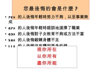 您最後悔的會是什麼 ? 72% 的人後悔年輕時努力不夠，以至事業無成 67% 的人後悔年輕時錯誤地選擇了職業 63% 的人後悔對子女教育不夠或方法不當 58% 的人後悔鍛鍊身體不足 11% 的人後悔沒有賺到更多的錢 視你所在 以你所有 盡你所能 