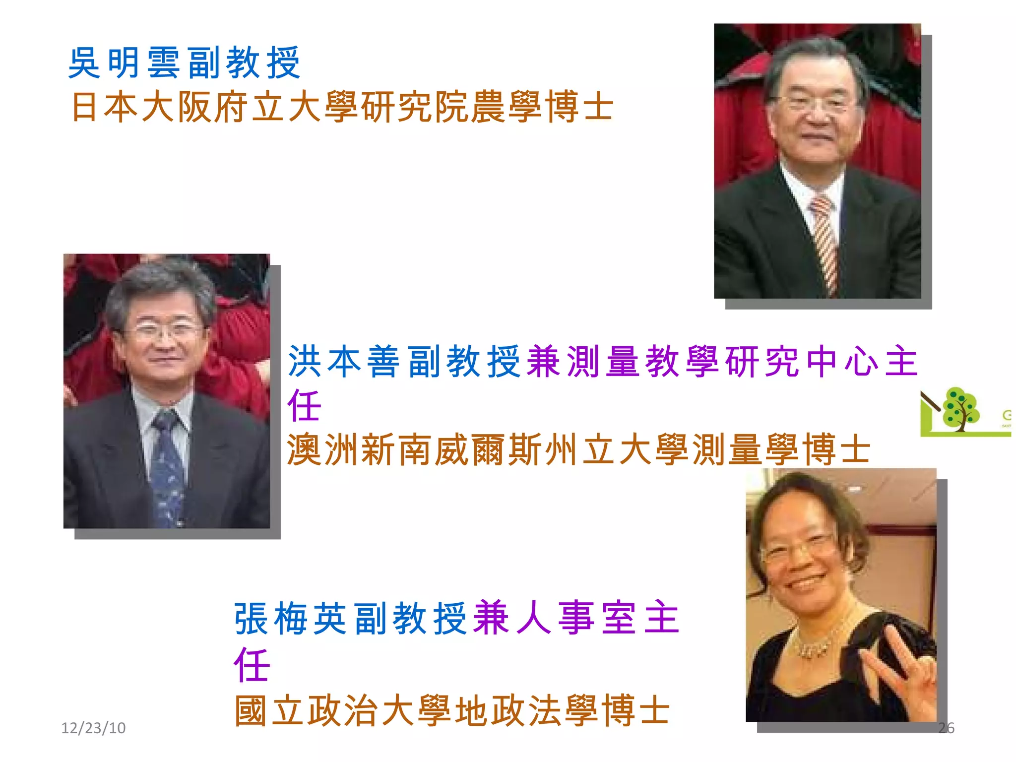 12/23/10 吳明雲副教授 日本大阪府立大學研究院農學博士 洪本善副教授 兼 測量教學研究中心主任 澳洲新南威爾斯州立大學測量學博士 張梅英副教授 兼 人事室主任 國立政治大學地政法學博士 