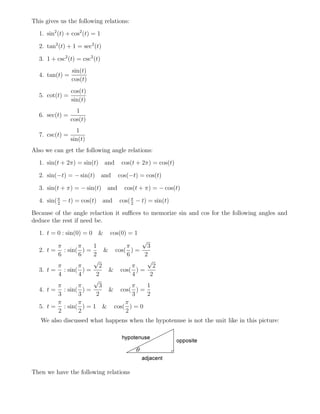 This gives us the following relations:
1. sin2
(t) + cos2
(t) = 1
2. tan2
(t) + 1 = sec2
(t)
3. 1 + csc2
(t) = csc2
(t)
4. tan(t) =
sin(t)
cos(t)
5. cot(t) =
cos(t)
sin(t)
6. sec(t) =
1
cos(t)
7. csc(t) =
1
sin(t)
Also we can get the following angle relations:
1. sin(t + 2π) = sin(t) and cos(t + 2π) = cos(t)
2. sin(−t) = − sin(t) and cos(−t) = cos(t)
3. sin(t + π) = − sin(t) and cos(t + π) = − cos(t)
4. sin(π
2
− t) = cos(t) and cos(π
2
− t) = sin(t)
Because of the angle relaction it suﬃces to memorize sin and cos for the following angles and
deduce the rest if need be.
1. t = 0 : sin(0) = 0 & cos(0) = 1
2. t =
π
6
: sin(
π
6
) =
1
2
& cos(
π
6
) =
√
3
2
3. t =
π
4
: sin(
π
4
) =
√
2
2
& cos(
π
4
) =
√
2
2
4. t =
π
3
: sin(
π
3
) =
√
3
2
& cos(
π
3
) =
1
2
5. t =
π
2
: sin(
π
2
) = 1 & cos(
π
2
) = 0
We also discussed what happens when the hypotenuse is not the unit like in this picture:
Then we have the following relations
 
