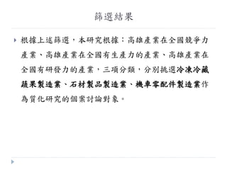 篩選結果
 根據上述篩選，本研究根據：高雄產業在全國競爭力
產業、高雄產業在全國有生產力的產業、高雄產業在
全國有研發力的產業，三項分類，分冸挑選冷凍冷藏
蔬果製造業、石材製品製造業、機車零配件製造業作
為質化研究的個案討論對象。
 