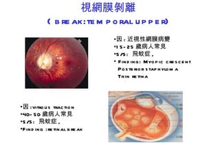視網膜剝離 ( break:temporal upper) 因 :vitrous traction 40-50 歲病人常見 S/S:  飛蚊症 ,  Finding  :retinal break 因 : 近視性網膜病變 15-25 歲病人常見 S/S:  飛蚊症 , Finding: Myopic crescent  Posterior staphyloma Thin retina   