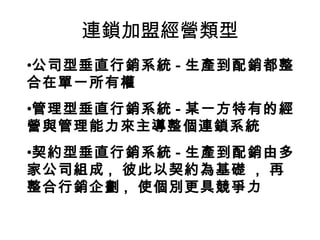 連鎖加盟經營類型 公司型垂直行銷系統 - 生產到配銷都整合在單一所有權 管理型垂直行銷系統 - 某一方特有的經營與管理能力來主導整個連鎖系統 契約型垂直行銷系統 - 生產到配銷由多家公司組成 ,  彼此以契約為基礎  ,  再整合行銷企劃 ,  使個別更具競爭力 