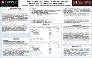 LONGITUDINAL OUTCOMES OF SHYNESS FROM
CHILDHOOD TO EMERGING ADULTHOOD
Jim Grose & Robert Coplan, Department of Psychology, Carleton University
METHOD
Participants
Archival data from the National Longitudinal Survey of
Children and Youth (NLSCY), a large-scale Canadian
population-based longitudinal sample, was analyzed. Data was
collected every two years from each child and the person most
knowledgeable (PMK) about the child, usually the mother. The
initial sample size in Cycle 1 was n=3514 (51.3% male).
Sample size decreased to 41% of the original between Cycle 1
and Cycle 7, due to attrition and refusal.
The population of interest for this study was Canadian children
aged 8-9 in 1994/95 (NLSCY cycle 1). Data was extracted from
Cycle 1 for the Time 1 predictor and control variables, and Cycle
7 (ages 20-21) for the Time 2 outcome variables. All
calculations were performed using weighted values
representative of the Canadian population of children in Cycle 1.
At ages 8-9 years, shyness was significantly and positively related
to anxiety (r = .13, p < .001) and significantly and negatively related
to prosocial behaviour (r = -.15, p < .001). Exploring links between
shyness at ages 8-9 years and indices of socio-emotional functioning
12 years later, we found:
• Lower interpersonal adjustment was predicted by gender (with
boys less well interpersonally adjusted than girls), being
somewhat shy, and being of lower SES. Those boys who were
about average tended to have lower interpersonal adjustment
than those who were very outgoing. (Table 1).
• Lower intrapersonal adjustment was predicted for children who
were somewhat shy or about average. Those boys who were
about average tended to have higher intrapersonal adjustment
than those who were outgoing (Table 2).
REFERENCES
1.Coplan, R.J., Prakash, K., O’Neil, K., & Armer, M. (2004).Do you
“want” to play? distinguishing between conflicted shyness and
social disinterest in early childhood. Developmental Psychology,
40 (2), 244-258.
2.Rubin, K., Coplan, R., & Bowker, J. (2009). Social withdrawal in
childhood. Annual Review of Psychology, 60, 141–171.
3.Holder, M. & Klassen, A. (2010). Temperament and happiness in
children. Journal of Happiness Studies, 11(4), 419-439.
DISCUSSION
First, we validated a parent-reported ordinal variable as a measure
of child shyness at ages 8-9 years by comparing it to measures of
anxiety and prosocial behavior. Our findings suggest that a single
item parent response may be sufficient to assess shyness in the
child at ages 8-9 years.
Gender and being somewhat shy did not interact in predicting
interpersonal adjustment, contrary to our expectation. However
gender interacted with being about average in boys, predicting lower
interpersonal but higher intrapersonal adjustments.
Our key finding was that a single item measurement of parent-
rated shyness in the child can at least partially predict composite
measures of socio-emotional functioning in emerging adulthood, and
that these predicted outcomes were measured a full 12 years later.
Earlier detection and treatment of childhood social inhibition and
especially its negative correlates, such as sub-clinical levels of
anxiety, could produce positive long-term benefits.
INTRODUCTION
Shyness is a temperamental trait that refers to wariness,
unease, and self-consciousness or embarrassment in novel social
situations and instances of perceived social evaluation1,2.
Shyness in children is concurrently and predictively associated
with internalizing problems such as anxiety 3. However, in only a
handful of previous studies have researchers explored the long-
term implications of childhood shyness among adults.
The goals of this study were to: (1) validate a parent-reported
ordinal variable as a measure of child shyness at ages 8-9 years;
and (2) explore links between shyness at ages 8-9 years and
indices of socio-emotional functioning 12 years later in emerging
adulthood (ages 20-21 years).
It was expected that higher childhood shyness would predict
lower interpersonal (empathy and social skills in dealing with
others) and intrapersonal (examination and knowledge of one’s
own feelings) adjustment in emerging adulthood. It was also
expected that although shyness would be equally likely among
boys and girls at ages 8-9 years, the outcomes at ages 20-21
years would differ by gender, with shy boys more likely to
experience interpersonal adjustment problems in emerging
adulthood.
Measures
• Gender
• Socio-economic status (SES), based on the education and occupation
of the PMK and spouse, as well as the household income
PMK responses at child age 8/9 years:
• Child’s shyness in making new friends on a 3-point Likert scale
• Very outgoing (reference group)
• About average
• Somewhat shy
• Child’s anxiety on a scale with values from 0 to 16
• Child’s prosocial on a scale with values from 0 to 20
Participant responses at ages 20/21
• Interpersonal adjustment with values from 0 to 16
• Intrapersonal adjustment with values from 0 to 16
RESULTS
Table 1. Standardized linear regression coefficients for predictors
at ages 8-9 of positive interpersonal adjustment at ages 20-21
Beta Adj R2
Step 1------------------- .00
SES .183*
Step 2------------------- .05
About average -.167
Somewhat shy -.376*
Gender (0 F, 1 M) -.987***
Step 3------------------- .06
About average x Gender -.880**
Somewhat Shy x Gender -.169
p < .05, ** p < .01, *** p < .001
Table 2. Standardized linear regression coefficients for predictors
at ages 8-9 of positive intrapersonal adjustment at ages 20-21
Beta Adj R2
Step 1------------------- -.00
SES .004
Step 2------------------- .01
About average -.554**
Somewhat shy -.792***
Gender (0 F, 1 M) .297
Step 3-------------------
About average x Gender 1.276*** .02
Somewhat Shy x Gender .797
* p < .05, ** p < .01, *** p < .001
 