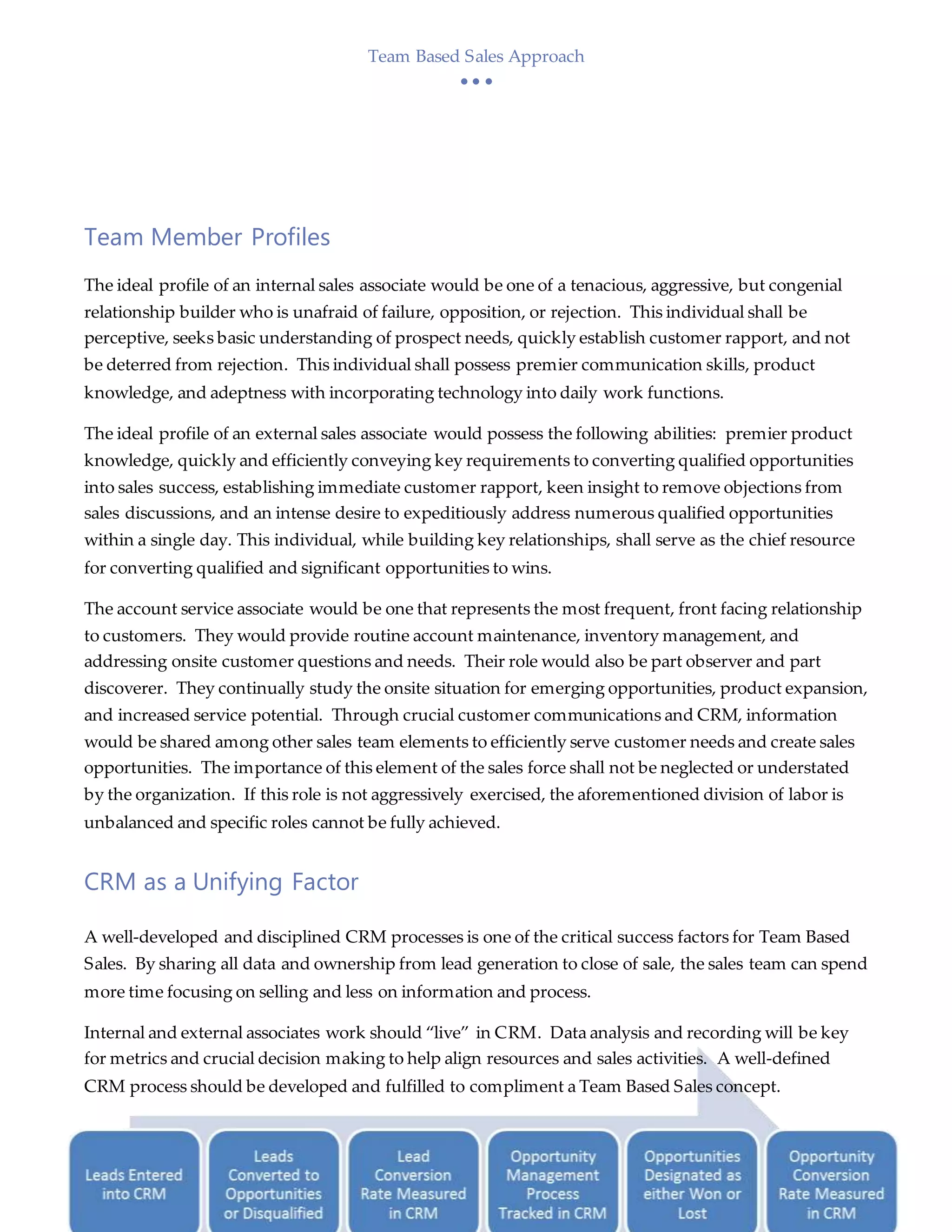 Team Based Sales Approach
  
Team Based Sales  4
Team Member Profiles
The ideal profile of an internal sales associate would be one of a tenacious, aggressive, but congenial
relationship builder who is unafraid of failure, opposition, or rejection. This individual shall be
perceptive, seeks basic understanding of prospect needs, quickly establish customer rapport, and not
be deterred from rejection. This individual shall possess premier communication skills, product
knowledge, and adeptness with incorporating technology into daily work functions.
The ideal profile of an external sales associate would possess the following abilities: premier product
knowledge, quickly and efficiently conveying key requirements to converting qualified opportunities
into sales success, establishing immediate customer rapport, keen insight to remove objections from
sales discussions, and an intense desire to expeditiously address numerous qualified opportunities
within a single day. This individual, while building key relationships, shall serve as the chief resource
for converting qualified and significant opportunities to wins.
The account service associate would be one that represents the most frequent, front facing relationship
to customers. They would provide routine account maintenance, inventory management, and
addressing onsite customer questions and needs. Their role would also be part observer and part
discoverer. They continually study the onsite situation for emerging opportunities, product expansion,
and increased service potential. Through crucial customer communications and CRM, information
would be shared among other sales team elements to efficiently serve customer needs and create sales
opportunities. The importance of this element of the sales force shall not be neglected or understated
by the organization. If this role is not aggressively exercised, the aforementioned division of labor is
unbalanced and specific roles cannot be fully achieved.
CRM as a Unifying Factor
A well-developed and disciplined CRM processes is one of the critical success factors for Team Based
Sales. By sharing all data and ownership from lead generation to close of sale, the sales team can spend
more time focusing on selling and less on information and process.
Internal and external associates work should “live” in CRM. Data analysis and recording will be key
for metrics and crucial decision making to help align resources and sales activities. A well-defined
CRM process should be developed and fulfilled to compliment a Team Based Sales concept.
 