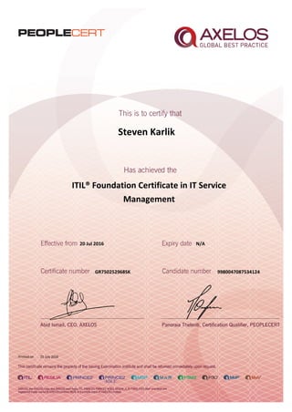 Steven Karlik
ITIL® Foundation Certificate in IT Service
Management
20 Jul 2016
GR750252968SK
Printed on 25 July 2016
N/A
9980047087534124
 