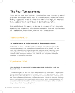14 · Personality Type Discovery and Analysis
You follow the rules, you like things structured, and you’re dependable and responsible.
Traditionalists are sensors who like facts, proof, and the tangible world, and are also judgers who
like predictability and structure. “Traditionalists value law and order, security, property, rules, and
conformity. They are driven by a strong motivation to serve society’s needs. Traditionalists respect
authority, hierarchy, and the chain of command, and generally have conservative values. They
are bound by their sense of duty and always try to do the right thing, which makes them reliable,
dependable, and above all else, responsible.”
The Four Temperaments
There are four general temperament types that have been identified by several
prominent philosophers and schools of thought spanning cultures throughout
history: Hippocrates in 450 BC, Paracelsus in the Middle Ages, the American
Indian Medicine Wheel, and Hinduism all identified the same four.
Psychologist David Keirsey noticed that the sixteen Myers-Briggs personality
types matched up well with these four temperaments. They are identified here
as: Traditionalists, Experiencers, Idealists, and Conceptualizers.
Traditionalists (SJ’s)
You’re adventurous and impulsive, you’re resourceful and focused on the tangible (rather than
theoretical) world.
“These are sensors who like facts, proof, and the tangible world, who are also perceivers – they are flexible
and spontaneous. Experiencers are often not predictable to others, and they sometimes fail to think things
through carefully before acting. They are not very interested in the theoretical, abstract, or conceptual, and
they may fail to see important connections or patterns linking events. Experiencers tend to lose enthusiasm
once the crisis phase of any given situation is over. Since they prefer to keep their options open, they don’t
always follow established rules and they sometimes avoid commitments and plans. At their worst, they are
irresponsible, unreliable, childish, and impulsive.”
Experiencers (SP’s)
 