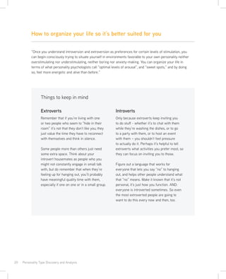 20 · Personality Type Discovery and Analysis
How to organize your life so it’s better suited for you
“Once you understand introversion and extroversion as preferences for certain levels of stimulation, you
can begin consciously trying to situate yourself in environments favorable to your own personality neither
overstimulating nor understimulating, neither boring nor anxiety-making. You can organize your life in
terms of what personality psychologists call “optimal levels of arousal”, and “sweet spots,” and by doing
so, feel more energetic and alive than before.”
Things to keep in mind
Remember that if you’re living with one
or two people who seem to “hide in their
room” it’s not that they don’t like you; they
just value the time they have to reconnect
with themselves and think in silence.
Some people more than others just need
some extra space. Think about your
introvert housemates as people who you
might not constantly engage in small talk
with, but do remember that when they’re
feeling up for hanging out, you’ll probably
have meaningful quality time with them,
especially if one on one or in a small group.
Extroverts Introverts
Only because extroverts keep inviting you
to do stuff - whether it’s to chat with them
while they’re washing the dishes, or to go
to a party with them, or to host an event
with them – you shouldn’t feel pressure
to actually do it. Perhaps it’s helpful to tell
extroverts what activities you prefer most, so
they can focus on inviting you to those.
Figure out a language that works for
everyone that lets you say “no” to hanging
out, and helps other people understand what
that “no” means. Make it known that it’s not
personal, it’s just how you function. AND:
everyone is introverted sometimes. So even
the most extroverted people are going to
want to do this every now and then, too.
 