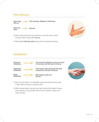 25
Palm Gestures
Open Palm,
face up
Palm face
down
Authority
Truth, Honesty, Allegiance, Submission
When asking someone to do something, if you don’t want to seem
too bossy, keep an open palm face up
When people hide their palms they can be concealing something
Handshakes
Dominant
Handshake
Submissive
Handshake
Equal
Handshake
You twist the handshake so that your palm
is face down and their palm is face up
If the person ends up having their palm
facing down and yours facing up
Both people’s palms are
vertical
Don’t use both hands in a handshake unless you know the person well
or they might think you’re trying too hard!
While shaking hands if you put your other hand on their elbow it shows
more intimacy; if you put other hand on their shoulder it shows even
closer intimacy
 