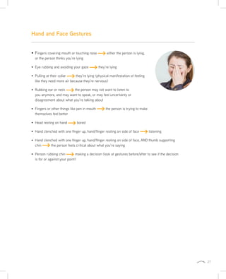 27
Fingers covering mouth or touching nose either the person is lying,
or the person thinks you’re lying
Eye rubbing and avoiding your gaze they’re lying
Pulling at their collar they’re lying (physical manifestation of feeling
like they need more air because they’re nervous)
Rubbing ear or neck the person may not want to listen to
you anymore, and may want to speak, or may feel uncertainty or
disagreement about what you’re talking about
Fingers or other things like pen in mouth the person is trying to make
themselves feel better
Head resting on hand bored
Hand clenched with one finger up, hand/finger resting on side of face listening
Hand clenched with one finger up, hand/finger resting on side of face, AND thumb supporting
chin the person feels critical about what you’re saying
Person rubbing chin making a decision (look at gestures before/after to see if the decision
is for or against your point)
Hand and Face Gestures
 