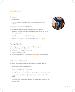 29
1. Standing with arms and legs crossed Defensive position
2. Legs uncrossed, arms still crossed
3. One arm comes out of the arms crossed
4. Arm goes to hip or pocket
5. Leg points toward person you’re speaking to open and comfortable
Leg Barriers
Legs crossed:
Can be cultural
Important to assess meaning by observing this alongside correlating
gestures
Can be nervousness, reserved, defensive
Crossed arms and crossed legs means the person has removed
themselves from the conversation, is being defensive (women use this to
show displeasure)
Figure Four leg cross Competitive, argumentative
Standing, one foot twirled and locked behind the other leg shy
“Opening up” procedure:
Holding back nervousness or fear, being defensive, negative, reserved
Person could be waiting to say something
You see this in people being interviewed
In a negotiation, the ankle locked person is holding back a valuable concession
Salespeople who don’t like using the phone lock their ankles while on the
phone
To undo the ankle lock, move to sit next to the person, they’ll turn to you and
open their bodies
Ankle lock (aka ankles crossed)
 