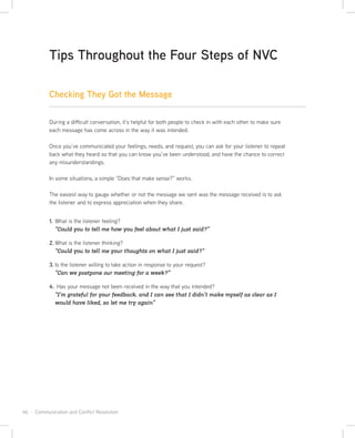 46 · Communication and Conflict Resolution
During a difficult conversation, it’s helpful for both people to check in with each other to make sure
each message has come across in the way it was intended.
Once you’ve communicated your feelings, needs, and request, you can ask for your listener to repeat
back what they heard so that you can know you’ve been understood, and have the chance to correct
any misunderstandings.
In some situations, a simple “Does that make sense?” works.
The easiest way to gauge whether or not the message we sent was the message received is to ask
the listener and to express appreciation when they share.
1. What is the listener feeling?
“Could you to tell me how you feel about what I just said?”
2. What is the listener thinking?
“Could you to tell me your thoughts on what I just said?”
3. Is the listener willing to take action in response to your request?
“Can we postpone our meeting for a week?”
4. Has your message not been received in the way that you intended?
“I’m grateful for your feedback, and I can see that I didn’t make myself as clear as I
would have liked, so let me try again”
Checking They Got the Message
Tips Throughout the Four Steps of NVC
 