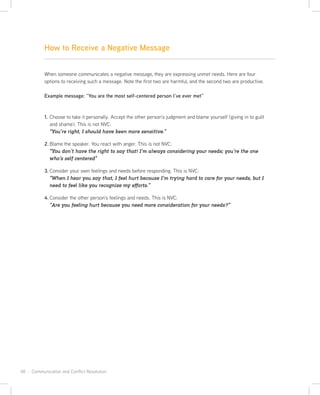 48 · Communication and Conflict Resolution
When someone communicates a negative message, they are expressing unmet needs. Here are four
options to receiving such a message. Note the first two are harmful, and the second two are productive.
Example message: “You are the most self-centered person I’ve ever met”
1. Choose to take it personally. Accept the other person’s judgment and blame yourself (giving in to guilt
and shame). This is not NVC:
“You’re right, I should have been more sensitive.”
2. Blame the speaker. You react with anger. This is not NVC:
“You don’t have the right to say that! I’m always considering your needs; you’re the one
who’s self centered”
3. Consider your own feelings and needs before responding. This is NVC:
“When I hear you say that, I feel hurt because I’m trying hard to care for your needs, but I
need to feel like you recognize my eﬀorts.”
4. Consider the other person’s feelings and needs. This is NVC:
“Are you feeling hurt because you need more consideration for your needs?”
How to Receive a Negative Message
 