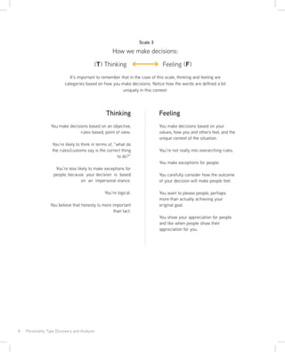 8 · Personality Type Discovery and Analysis
It’s important to remember that in the case of this scale, thinking and feeling are
categories based on how you make decisions. Notice how the words are defined a bit
uniquely in this context:
Feeling
You make decisions based on your
values, how you and others feel, and the
unique context of the situation.
You’re not really into overarching rules.
You make exceptions for people.
You carefully consider how the outcome
of your decision will make people feel.
You want to please people, perhaps
more than actually achieving your
original goal.
You show your appreciation for people
and like when people show their
appreciation for you.
Thinking
You make decisions based on an objective,
rules-based, point of view.
You’re likely to think in terms of, “what do
the rules/customs say is the correct thing
to do?”
You’re less likely to make exceptions for
people, because your decision is based
on an impersonal stance.
You’re logical.
You believe that honesty is more important
than tact.
How we make decisions:
Scale 3
(T) Thinking Feeling (F)
 