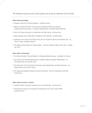 83
Books About psychology:
Dialogue and the Art of Thinking Together - by William Isaacs
Words can Change Your Brain: 12 Conversation Strategies to Build Trust, Resolve
Conflict and Increase Intimacy - by Andrew Newberg, M.D., and Mark Robert Waldman
Quiet: The Power of Introverts in a World that Can’t Stop Talking - by Susan Cain
Body Language: How to Read Others’ Thoughts by Their Gestures - by Allan Pease
Do What You Are: Discover the Perfect Career for You Through the Secrets of Personality Type - by
Paul D. Tieger and Barbara Barron
The Defining Decade: Why Your Twenties Matter - and How to Make the Most of Them Now - by Meg
Jay, Ph.D
Books About relationships:
The Skilled Facilitator: Practical Wisdom For Developing Effective Groups - by Roger M. Schwarz
Sex at Dawn: How We Mate, Why We Stray, and What it Means for Modern Relationships - by
Christopher Ryan and Cacilda Jethá
The Ethical Slut: A Practical Guide to Polyamory, Open Relationships, and Other Adventures - by
Dossie Easton and Janet W. Hardy
The Cohousing Handbook: Building a Place for Community - by Chris Scotthanson and Kelly
Scotthanson
The following resources were cited, quoted, and served as inspiration for this Guide:
Books About economics / politics:
Cognitive Surplus: Creativity and Generosity in a Connected Age - by Clay Shirky
Governing the Commons: The Evolution of Institutions for Col- lective Action (1990) -
by Elinor Ostrom
 