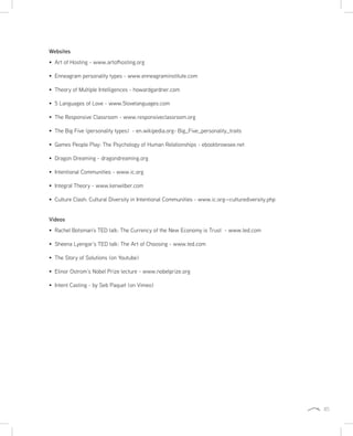 85
Websites
Art of Hosting - www.artofhosting.org
Enneagram personality types - www.enneagraminstitute.com
Theory of Multiple Intelligences - howardgardner.com
5 Languages of Love - www.5lovelanguages.com
The Responsive Classroom - www.responsiveclassroom.org
The Big Five (personality types) - en.wikipedia.org- Big_Five_personality_traits
Games People Play: The Psychology of Human Relationships - ebookbrowsee.net
Dragon Dreaming - dragondreaming.org
Intentional Communities - www.ic.org
Integral Theory - www.kenwilber.com
Culture Clash: Cultural Diversity in Intentional Communities - www.ic.org—culturediversity.php
Videos
Rachel Botsman’s TED talk: The Currency of the New Economy is Trust - www.ted.com
Sheena Lyengar’s TED talk: The Art of Choosing - www.ted.com
The Story of Solutions (on Youtube)
Elinor Ostrom’s Nobel Prize lecture - www.nobelprize.org
Intent Casting - by Seb Paquet (on Vimeo)
 
