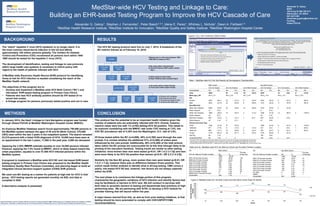 MedStar-wide HCV Testing and Linkage to Care:
Building an EHR-based Testing Program to Improve the HCV Cascade of Care
Alexander G. Geboy1, Stephen J. Fernandez1, Peter Basch1,2,3, Idene E. Perez1, Whitney L. Nichols1, Dawn A. Fishbein1,4
1MedStar Health Research Institute, 2MedStar Institute for Innovation, 3MedStar Quality and Safety Institute, 4MedStar Washington Hospital Center
80006
The HCV BC testing protocol went live on July 1, 2015. A breakdown of the
BC metrics follows as of February 18, 2016:
This protocol has the potential to be an important health initiative given the
number of patients who are potentially infected with HCV. Overall, however,
reactive cases were low with 1% (n=82) testing HCV Ab positive. This needs to
be explored considering with the MWHC rate under CDC testing at 7.6%, the
CDC BC prevalence rate of 3.25% and the Washington, D.C. rate of 2.5%.
Of those tested within the BC (n=4,858), 49% (n=2,392) went through the care
prompt. It is unclear whether the additional 51% (n=2,466) of orders were
influenced by the care prompt. Additionally, 46% (n=6,385) of the total actions
taken within the BC prompt are unaccounted for at this time (though likely to be
printing of the education handout). Testing trends are similar to other testing
initiatives: more women then men were tested (p<0.01, OR 1.4 [1.3-1.5]) and men
were more likely to be HCV Ab positive than women (p<0.01, OR 2.3 [1.4-3.9]).
Similarly for the Non BC group, more women than men were tested (p<0.01, OR
1.2 [1.1-1.4]), however there was no difference between those positive. This
cohort needs further analysis to identify what is driving testing. CMS covers a
yearly, risk-based HCV Ab test, however, risk factors are not always captured
within the EHR.
The next phase is to commence the linkage portion of this program,
characterize the geographic variations of HCV infection and identify factors that
may be facilitators or barriers to HCV care. We will conduct in-services with
both sites to ascertain barriers to testing and disseminate best practices of high
performing sites. We are partnering with SiTEL to develop a HCV module for
provider training that will launch within the year.
A major lesson learned from this, as well as from prior testing initiatives, is that
testing should be more automated to comply with CDC/USPSTF/CMS
recommendations.
RESULTSBACKGROUND
The “silent” hepatitis C virus (HCV) epidemic is no longer silent: it is
the most common blood-borne infection in the US and affects
approximately 185 million persons globally. The Centers for Disease
Control and Prevention (CDC) recommend all persons born within 1945
1965 should be tested for the hepatitis C virus (HCV).
The development of identification, testing and linkage to care protocols
within large health care systems is necessary to inform policy with
regard to the health of patients infected with HCV.
A MedStar-wide Electronic Health Record (EHR) protocol for identifying
those at risk for HCV infection is needed considering the reach of the
MedStar Health network.
The objectives of this program are to:
• Develop and implement a MedStar-wide HCV Birth Cohort (“BC”) and
risk-based EHR-based testing program in Primary Care Clinics
• Patients who test HCV antibody positive should be HIV tested (if no
recent test exists)
• A linkage program for persons previously tested positive and not in care.
METHODS
In January 2014, the HepC Linkage to Care Navigation program was funded
through Gilead FOCUS at MedStar Washington Hospital Center (MWHC).
An Explorys MedStar Database search found approximately 750,000 persons in
the MedStar system between the ages of 45 and 64 (Birth Cohort), 270,000
(36%) seen within the last 3 years in the outpatient system. The search revealed
23,210 persons with a listed ICD9 diagnosis of HCV, 15,000 have been seen at
an appointment in the last 3 years, 11,500 in the past year, 5,580 are deceased.
Applying the 3.25% MMWR estimate equates to over 24,000 persons infected.
However, applying the 7.6% found at MWHC, which is likely biased toward the
urban population, equates to over 57,000 HCV infected persons within the
MedStar system.
A proposal to implement a MedStar-wide HCV BC and risk-based EHR-based
testing program in Primary Care Clinics was proposed to the MedStar Health
Ambulatory Quality Best Practices Committee, and planning began to build an
integrated clinical decision-support system (CDSS) EHR protocol.
We used non-BC testing as a marker for patients at high-risk for HCV in that
group. HCV testing reports are generated monthly via SQL and data is
compiled in SAS.
A descriptive analysis is presented.
CONCLUSION
Alexander G. Geboy
MHRI
100 Irving St NW, EB 4111
Washington, DC 20010
267-322-1228
Alexander.g.geboy@medstar.net
Funding:
Gilead FOCUS
Author Disclosures: Dawn A. Fishbein, MD has served on an Advisory Board for BMS, Gilead and serves as a Medical Advisor for Hepatitis Foundation
International; Alexander G. Geboy has served on an Advisory Board for Gilead Sciences, LLC. Both have grant funding from Gilead Sciences.
a) Unknown and in progress
b) Not Screened (see Fig.2)
c) *Screened but outside of order
d) *Screened with CDSS order
52,846
b) 22,406
(42%)
b) 14,663
(28%)
b) 13,911
(26%)
d) 2392*
(5%)
c) 2466*
(5%)
b) 2668
(5%)
a) 6385
(12%)
a) 752 (1%)
a) 7,743
(15%)
a) 30,440
(58%)
Patients seen in clinic born between 1945-
1965 AND no history of HCV
a) No action taken with protocols
b) View All Protocol (VAP) button clicked
(fig.1)
a) Other protocol action taken
b) HepC CDSS prompt accessed (fig.2)
a) No action taken in HepC Prompt
b) Took action within HepC Prompt
Figures 1 & 2. HCV Centricity CDSS Prompt
Table 1. MedStar-wide HCV Ab Test Results by Demographic Characteristics
*The percent HCV Ab positive among those tested is given next to each HCV Ab positive percentage (BC and Non BC)
†The percent currently infected among those HCV Ab positive is given next to each RNA percentage (BC and Non BC)
§Of those RNA positive (BC and Non BC), 7 patients are in care with a specialist (ID, GI, Hepatology) and 10 are not yet in care
2b) Non Birth Cohort
HCV Ab Tests by Provider Location No. %
Provider
Group Avg.
3294 100.00 -
MPP (19 Provider Groups) 1152 34.97 61
MMG (21 Provider Groups) 502 15.24 24
GSH (8 Provider Groups) 375 11.38 47
UMH (5 Provider Groups) 168 5.10 34
HHC (2 Provider Groups) 142 4.31 71
WHC (8 Provider Groups) 138 4.19 17
FSH (3 Provider Groups) 123 3.73 41
PC-ANN 2 0.06 2
MSMH 1 0.03 1
Unidentified 691 20.98
2a) Birth Cohort
HCV Ab Tests by Provider Location No. %
Provider
Group Avg.
4858 100.00 -
MPP (18 Provider Groups) 2407 49.55 134
MMG (22 Provider Groups) 1002 20.63 46
GUH (6 Provider Groups) 295 6.07 49
UMH (7 Provider Groups) 254 5.23 36
GSH (3 Provider Groups) 186 3.83 62
WHC (8 Provider Groups) 179 3.68 22
FSH (2 Provider Groups) 111 2.28 56
HHC (2 Provider Groups) 72 1.48 36
MSMH GM (2 Provider Groups) 3 0.06 2
Unidentified 349 7.18
Table 2a & 2b. MedStar-wide HCV Ab Tests by Cohort and Provider Practice Location
462
686 714
835
758 731
457
430
480
406
562
491 507
333
0
100
200
300
400
500
600
700
800
900
Jul Aug Sep Oct Nov Dec Jan
NumberofPatients
Tested
Month
BC
Non BC
Figure 3. MedStar-wide HCV Ab Birth Cohort and Non Birth Cohort Tests Per Month
Birth Cohort Non Birth Cohort
HCV Ab Tested HCV Ab Positive* HCV RNA Positive† HCV Ab Tested HCV Ab Positive* HCV RNA Positive†
Characteristic No. (%) No (%) No. (%) No. (%) No. (%) No. (%)
Total 4858 64 (1.3) 15§ (23.4) 3294 19 (0.6) 2§ (10.5)
Mean Age + SD 59.4 + 5.7 59.4 + 5.0 59.7 + 4.9 36.8 + 14.0 39.2 + 12.1 50.4 + 12.5
Sex
Female 2824 (58.1) 24 (37.5) 6 (40.0) 1824 (55.4) 8 (42.1) 1 (50.0)
Male 2034 (41.9) 40 (62.5) 9 (60.0) 1470 (44.6) 11 (57.9) 1 (50.0)
Race/Ethnicity
Black, Non-Hispanic 2085 (42.9) 34 (54.8) 12 (80.0) 1433 (43.5) 6 (27.8)
Black, Hispanic 12 (0.2) 9 (0.3)
White, Non-Hispanic 1869 (38.5) 19 (30.7) 2 (13.3) 1046 (31.8) 12 (66.7) 2 (100.0)
White, Hispanic 34 (0.7) 33 (1.0)
Other/Non-Hispanic 804 (16.3) 9 (14.1) 1 (6.7) 676 (20.5) 1 (5.6)
Other/Hispanic 54 (1.4) 2 (3.1) 97 (2.9)
Primary Insurance Type
Public 1536 (31.6) 27 (42.9) 1066 (32.4) 9 (47.4) 2 (100.0)
Medicare 871 (17.9) 9 (14.3) 2 (15.3) 272 (8.3) 1 (5.3) 1 (50.0)
Medicaid 665 (13.7) 18 (28.6) 5 (33.3) 794 (24.1) 8 (42.1) 1 (50.0)
Private 3174 (65.3) 36 (57.1) 8 (53.3) 1972 (59.9) 9 (47.4)
Self Pay 68 (1.4) 126 (3.8)
Unspecified/Other 80 (1.6) 1 0 130 (3.9) 1 (5.3)
 