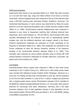 9
CHN sound responses
Experiments were carried out as described (Albert et al., 2006): flies were mounted
on a rod with their head, legs, wings and halters affixed to the thorax to minimize
movements. Antennal displacements were measured at the tip of the antennal arista
using a PSV-400 scanning laser vibrometer (Polytec, Waldbronn, Germany). The
mechanical best-frequency of each antenna was determined by fitting the power
spectrum of its free mechanical fluctuations with a simple harmonic oscillator model
(Albert et al., 2006). Sound-induced antennal displacements were measured in
response to pure tones at frequencies matching their individual antennal best-
frequencies, which varied between ca. 100 and 500 Hz. Sound-evoked CAPs were
recorded extracellularly from the antennal nerve with an electrolytically tapered
tungsten wire, with the indifferent electrode, also tungsten, placed in the thorax.
Antennal displacement amplitudes are presented as Fourier amplitudes at the
frequency of stimulation (Albert et al., 2006). CAP amplitudes are presented as the
Fourier amplitudes at twice the stimulus frequency, because of the frequency
doubling of the sound-evoked electrical response (Albert et al., 2007). Tone
intensities were measured as sound particle velocities using an Emkay NR 3158
pressure-gradient microphone (distributed by Knowles electronics, Sunnyvale, CA)
placed next to the fly (Albert et al., 2006).
Live imaging
Insecticide-evoked calcium signals were measured in fillets of third instar larvae
submersed in HL3.1 solution (Feng et al., 2004) and in intact adults whose heads
were mounted with Heliobond (Ivoclar Vivadent GmbH, Ellwangen, Germany) on a
cover slip. For imaging, the flies were mounted below a cover slip, with the proboscis
cut off and the head immersed in a drop of HL3.1 solution. Imaging was performed
with a charge-coupled device camera (Photometrics Cascade II:512) controlled by
the MetaFluor software package (Molecular Devices, LLC, Sunnyvale, USA) using an
Examiner D1 microscope (Carl Zeiss, Oberkochen, Germany) with a 40x water
immersion objective. Prior to bath application (larvae) or drop application into the
head capsule (adults), PM and dPFQ were pre-diluted in HL3.1 with DMSO, yielding
a final DMSO concentration of 0.3%.
 