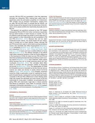 subunits, PM and PFQ are remarkable in that they selectively
stimulate two interacting TRPs, making them useful tools to
speciﬁcally probe the permeation properties of a heteromeric
TRP complex and its activation mechanisms. Judging from
our data, PM and PFQ seem to activate Nan-Iav directly, yet
further studies will be required to test the directness of this acti-
vation and to assess whether the insecticides physically bind to
Nan-Iav.
The apparent cell speciﬁcity conferred by their TRP targets
distinguishes PM and PFQ from other commercial insecticides
that act rather broadly on insect neurons or muscles. The use
of a different molecular target may explain in some cases why in-
sects resistant to other insecticides are still susceptible to PM
and PFQ (Maienﬁsch, 2012). Because Nan and Iav seem
conserved across insects, one would expect the two insecti-
cides to broadly act on insect species. Indeed, although PM
and PFQ are primarily used to control plant-sucking hemipteran
insects, they reportedly also affect thysanopteran (Maienﬁsch,
2012), orthopteran (Ausborn et al., 2005; Mo¨ ckel et al., 2011),
and coleopteran (Tait et al., 2011; Chang and Snyder, 2008;
Cole et al., 2010) insects and have nonlethal effects on honey
bees (Maienﬁsch, 2012). The different strengths of the effects
might reﬂect sequence variations of Nan-Iav and/or differences
in the importance of CHNs for insect survival: PM and PFQ are
described as feeding blockers that disrupt feeding in plant-suck-
ing insects (Maienﬁsch, 2012). Upon treatment, these insects
starve because they can no longer penetrate plants with their
mouthparts (Maienﬁsch, 2012). This ultimately lethal effect
seems to contrast with the persistent viability of Drosophila
and locusts (Ausborn et al., 2005). The dispensability of CHNs
for Drosophila survival is illustrated by the fact that nan and iav
mutants are viable and develop to adults without functional
CHNs (Kim et al., 2003; Gong et al., 2004). Possibly, movement
control by CHNs is particularly crucial for inserting the mouth-
parts into plant tissues, making plant-sucking insects particularly
vulnerable to PM and PFQ. Differences in insect feeding styles
might also explain the reportedly low acute toxicity of the two
insecticides for honey bees. In addition, we anticipate that tar-
geting TRPs with insecticides might help to reduce potential
side effects on pollinators: insect TRPP, for example, which is
implicated in Drosophila male fertility (Gao et al., 2003), is absent
in lepidopterans and hymenopterans, including bees (Matsuura
et al., 2009).
EXPERIMENTAL PROCEDURES
Animals
Flies were maintained in accordance with German Federal regulations (license
Gen.Az 501.40611/0166/501). Speciﬁc details regarding the strains used in the
experiments can be found in the Supplemental Experimental Procedures.
Behavioral Analyses
Tube-climbing assays were carried out under infrared illumination essentially
following established protocols (Sun et al., 2009).
In Vivo Cell Responses
The methods to access sound-evoked electrical and motile CHN responses
have previously been described (Albert et al., 2006). Live imaging of intracel-
lular calcium responses was performed following established protocols (Kami-
kouchi et al., 2010; Parton et al., 2010).
In Vitro Cell Responses
CHO-K1 cells were transduced with adenoviruses expressing Drosophila Nan
or Iav either alone or in combination, or mouse TRPV4, as fusion proteins con-
taining AcGFP and FLAG tags at carboxyl termini (for details, see Supple-
mental Experimental Procedures). Cells were seeded on 96-well plates and
their insecticide responses were assessed using a Fluorometric Imaging Plate
Reader (Marshall et al., 2013).
Statistical Analyses
Statistical comparison of means was performed using two-tailed Mann-Whit-
ney U tests and signiﬁcance was concluded when p < 0.05. Unless otherwise
stated, data are presented as mean ± 1 SD.
SUPPLEMENTAL INFORMATION
Supplemental Information includes Supplemental Experimental Procedures,
three ﬁgures, and one movie and can be found with this article online at
http://dx.doi.org/10.1016/j.neuron.2015.04.001.
AUTHOR CONTRIBUTIONS
A.N., C.S., and R. Kandasamy contributed equally to this work. A.N. designed
and coordinated in vitro experiments, C.S. performed and analyzed most
in vivo experiments and devised ﬁgures, and R. Kandasamy conducted and
analyzed in vitro experiments. R. Katana, B.W., P.J., and V.L.S. studied me-
chanically evoked CHN responses, M.A. analyzed expression patterns,
N.B.R., L.S., and J.A.D. helped with heterologous expression, and F.-J.B. de-
signed calcium selectivity experiments. V.L.S. and M.C.G. initiated and coor-
dinated the work, and M.C.G. wrote the manuscript with A.N., C.S., V.L.S., and
N.B.R.
ACKNOWLEDGMENTS
We thank Maurice Kernan, Craig Montell, and the Bloomington Stock Centre
for providing ﬂy strains, Changsoo Kim for providing anti-Iav antibody,
D. Piepenbrock and T. Effertz for help with pilot studies, Bart Geurten for
help with behavioral assays, Heribert Gras for help with data analysis and sta-
tistics, S. Pauls and M. Winkler for technical assistance, and Ansgar Bu¨ schges
and Barbara Wedel for helpful discussions. M.C.G. acknowledges generous
support from the Deutsche Forschungsgemeinschaft (Go¨ 1092/1-2, SFB 889
A1, Go¨ 1092/2-1, and INST 186/1081-1) and BASF.
Received: July 8, 2014
Revised: January 13, 2015
Accepted: March 10, 2015
Published: May 6, 2015
REFERENCES
Albert, J.T., Nadrowski, B., and Go¨ pfert, M.C. (2006). Mechanical tracing of
protein function in the Drosophila ear. Nat. Protoc. http://dx.doi.org/10.
1038/nprot.2006.364.
Ausborn, J., Wolf, H., Mader, W., and Kayser, H. (2005). The insecticide pyme-
trozine selectively affects chordotonal mechanoreceptors. J. Exp. Biol. 208,
4451–4466.
Bloomquist, J.R. (1996). Ion channels as targets for insecticides. Annu. Rev.
Entomol. 41, 163–190.
Casida, J.E. (2009). Pest toxicology: the primary mechanisms of pesticide ac-
tion. Chem. Res. Toxicol. 22, 609–619.
Casida, J.E., and Durkin, K.A. (2013). Neuroactive insecticides: targets, selec-
tivity, resistance, and secondary effects. Annu. Rev. Entomol. 58, 99–117.
Chang, G.C., and Snyder, W.E. (2008). Pymetrozine causes a nontarget pest,
the Colorado potato beetle (Coleoptera: Chrysomelidae), to leave potato
plants. J. Econ. Entomol. 101, 74–80.
670 Neuron 86, 665–671, May 6, 2015 ª2015 Elsevier Inc.
 