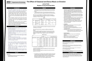References
• We consider emotions to be short term and high in
intensity, as compared to mood which we consider to be
long term and lower in intensity (Lamont & Eerola 2011).
• In 2008 Delsing showed through a study that those who
preferred intense music with a fast beat (high arousal
music) had lower moral though and high openness to
experience, this was characterized by dance music in this
study.
• In 2011 Gardikiotis showed that those who like classical
and jazz music (low arousal music) tended to have more
conservative values, this was characterized by classical
music in this study.
• Through this study we were trying to find how different
types of music may affect behavior through emotion.
• If types of music have a direct affect on how we feel we
believe it can also affect how we behave.
Introduction
Methods
Results
• Participants were BYU-Idaho Students, Caucasians 18-25.
• We had 57 participants.
• We had three groups, the control group (n=17), classical
music group (n=18), and the dance music group (n=22).
• Participants worked on simple addition and subtraction
problems for 15 minutes.
• The dance group listened to dance music and the classical
group listened to classical music while doing the math
problems.
• The Control group listened to no music.
• After the 15 minutes of math problems the participants
completed the PANAS-X questionnaire, which measures
positive and negative emotions.
• Dance music was defined by taking instrumental versions
of songs that were in the top 30 in the “dance/party” genre
on each of two websites: dancetop40.com and
billboard.com.
• Classical music was defined as songs from well-known
composers from the years 1750-1830 AD, such as
Beethoven, Mozart and Haydn.
• Participants were separated into classrooms and the music
for the two groups was played over the speakers in the
room.
Discussion
The Effect of Classical and Dance Music on Emotion
James Fulks
Brigham Young University-Idaho
Delsing, M. (2008), Adolescents’ music preferences and personality characteristics.
European Journal of Personality, 22(2), 109-130.
doi: 10.1002/per.665.
Gardikiotis, A; Baltiz, A. (2011), ‘Rock music for myself and justice to the world!:
Musical identity, values and musical preferences. Psychology of Music, 2012, 40, 143.
doi: 10.1177/0305735610386836
Lamont,A. and Eerola, T. (2011) Music and emotion: Themes and development
Musicae Scientiae, July 2011 vol. 15 no. 2 139-145;
doi: 10.1177/1029864911403366
Watson, D; Clark, L.A (1994). The PANAS-X: Manual for the Positive and Negative Affect
Schedule- Expanded Form. University of Iowa
• I hypothesized that those who listened to dance music would have
more negative emotions and less positive emotions than the other
groups.
• I hypothesized that those in the classical group would have more
positive emotions and less negative emotions than the dance group.
We used a one-way ANOVA to test difference between the groups.
There was statistical significance between the groups on NA (Negative
Emotions), F= 4.523, p= .015 (p < .05).
There was no statistical significance between the groups on PA (Positive
Emotions), p=.517 (p>.05).
We used a Post Hoc test to compare the differences between the
groups.
There was statistical significance between the dance and the control
groups. M=4.30, p=.004 (p < .05), SD=1.44. The control group had on
average a 4.30 higher rating of negative emotions, than the dance
group.
There was no statistical significance between the control and classical
groups, p=.076 (p>.05).
There was no statistical significance between the classical and dance
groups, p=.267 (p>.05).
• The opposite of my hypothesis about negative emotions was proven.
Instead of having more negative emotions as I expected, the dance
group had less negative emotions than the control group, and
although not statistically significant, a little less than the classical. I
conclude that dance music reduces negative emotions.
• Although not statistically significant the participants did
report less negative emotions in the classical music group
than in the control group. There appeared to be very little
difference between the negative emotions of the two groups
that did listen to music.
• Although we did not find a statistically significant difference
between the groups on positive emotions, there were slightly
more positive emotions indicated for both the music groups
than the control group.
• Dance music reduced negative emotions, showing that dance
music could actually cause people to feel better when
listening to it, compared to not listening to anything.
• Overall music listening may reduce negative emotions, and
increase positive emotions, although more testing would
need to be conducted.
• Limitations:
• Possibly with more participants we would see a greater
difference between the groups.
• It was difficult to define the music genres.
• The setting in which the participants listened to music was
somewhat artificial.
• We played music at the same volume and without lyrics.
• Many times Dance music is listened to at a louder
volume, which may have influence emotion.
• Further Research:
• Effects of other genres of music such as Hard Rock &
Bluegrass.
• Effects of lyrics on emotions (we excluded lyrics).
• Effects of music volume on emotions.
• Effects of music tempo and beat on emotions.
Hypothesis:
• My hypothesis was that there would be a difference in
emotions between the groups.
Results
Acknowledgements
Thank you to Devin Marrott, Kelly Sutton, Taylor Ririe, Ben
Duncan, Devin Malone, Kevin Murphy, Nikole Alyes for helping
conducting the study. And thank you to Brother Gee for all his
help and direction!
 