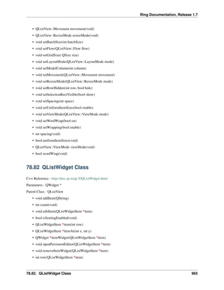 Ring Documentation, Release 1.7
• QListView::Movement movement(void)
• QListView::ResizeMode resizeMode(void)
• void setBatchSize(int batchSize)
• void setFlow(QListView::Flow ﬂow)
• void setGridSize( QSize size)
• void setLayoutMode(QListView::LayoutMode mode)
• void setModelColumn(int column)
• void setMovement(QListView::Movement movement)
• void setResizeMode(QListView::ResizeMode mode)
• void setRowHidden(int row, bool hide)
• void setSelectionRectVisible(bool show)
• void setSpacing(int space)
• void setUniformItemSizes(bool enable)
• void setViewMode(QListView::ViewMode mode)
• void setWordWrap(bool on)
• void setWrapping(bool enable)
• int spacing(void)
• bool uniformItemSizes(void)
• QListView::ViewMode viewMode(void)
• bool wordWrap(void)
78.82 QListWidget Class
C++ Reference : http://doc.qt.io/qt-5/QListWidget.html
Parameters : QWidget *
Parent Class : QListView
• void addItem(QString)
• int count(void)
• void editItem(QListWidgetItem *item)
• bool isSortingEnabled(void)
• QListWidgetItem *item(int row)
• QListWidgetItem *itemAt(int x, int y)
• QWidget *itemWidget(QListWidgetItem *item)
• void openPersistentEditor(QListWidgetItem *item)
• void removeItemWidget(QListWidgetItem *item)
• int row(QListWidgetItem *item)
78.82. QListWidget Class 965
 