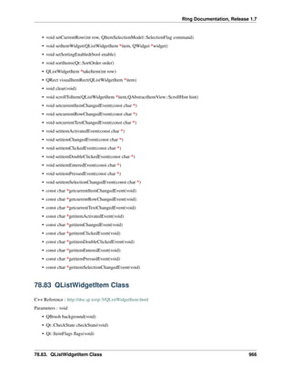 Ring Documentation, Release 1.7
• void setCurrentRow(int row, QItemSelectionModel::SelectionFlag command)
• void setItemWidget(QListWidgetItem *item, QWidget *widget)
• void setSortingEnabled(bool enable)
• void sortItems(Qt::SortOrder order)
• QListWidgetItem *takeItem(int row)
• QRect visualItemRect(QListWidgetItem *item)
• void clear(void)
• void scrollToItem(QListWidgetItem *item,QAbstractItemView::ScrollHint hint)
• void setcurrentItemChangedEvent(const char *)
• void setcurrentRowChangedEvent(const char *)
• void setcurrentTextChangedEvent(const char *)
• void setitemActivatedEvent(const char *)
• void setitemChangedEvent(const char *)
• void setitemClickedEvent(const char *)
• void setitemDoubleClickedEvent(const char *)
• void setitemEnteredEvent(const char *)
• void setitemPressedEvent(const char *)
• void setitemSelectionChangedEvent(const char *)
• const char *getcurrentItemChangedEvent(void)
• const char *getcurrentRowChangedEvent(void)
• const char *getcurrentTextChangedEvent(void)
• const char *getitemActivatedEvent(void)
• const char *getitemChangedEvent(void)
• const char *getitemClickedEvent(void)
• const char *getitemDoubleClickedEvent(void)
• const char *getitemEnteredEvent(void)
• const char *getitemPressedEvent(void)
• const char *getitemSelectionChangedEvent(void)
78.83 QListWidgetItem Class
C++ Reference : http://doc.qt.io/qt-5/QListWidgetItem.html
Parameters : void
• QBrush background(void)
• Qt::CheckState checkState(void)
• Qt::ItemFlags ﬂags(void)
78.83. QListWidgetItem Class 966
 