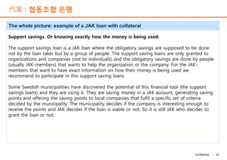 代案 : 협동조합 은행
The whole picture: example of a JAK loan with collateral
Support savings. Or knowing exactly how the money is being used.
The support savings loan is a JAK loan where the obligatory savings are supposed to be done
not by the loan taker but by a group of people. The support saving loans are only granted to
organizations and companies (not to individuals) and the obligatory savings are done by people
(usually JAK-members) that wants to help the organization or the company. For the JAK-
members that want to have exact information on how their money is being used we
recommend to participate in this support saving loans.
Some Swedish municipalities have discovered the potential of this financial tool (the support
savings loans) and they are using it. They are saving money in a JAK account, generating saving
points and offering the saving points to local companies that fulfil a specific set of criteria
decided by the municipality. The municipality decides if the company is interesting enough to
receive the points and JAK decides if the loan is viable or not. So it is still JAK who decides to
grant the loan or not.
22Confidential |
Support savings. Or knowing exactly how the money is being used.
The support savings loan is a JAK loan where the obligatory savings are supposed to be done
not by the loan taker but by a group of people. The support saving loans are only granted to
organizations and companies (not to individuals) and the obligatory savings are done by people
(usually JAK-members) that wants to help the organization or the company. For the JAK-
members that want to have exact information on how their money is being used we
recommend to participate in this support saving loans.
Some Swedish municipalities have discovered the potential of this financial tool (the support
savings loans) and they are using it. They are saving money in a JAK account, generating saving
points and offering the saving points to local companies that fulfil a specific set of criteria
decided by the municipality. The municipality decides if the company is interesting enough to
receive the points and JAK decides if the loan is viable or not. So it is still JAK who decides to
grant the loan or not.
 