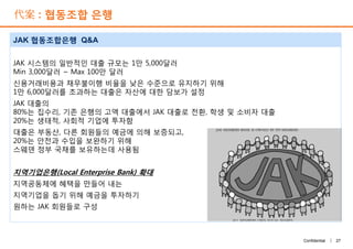 代案 : 협동조합 은행
JAK 협동조합은행 Q&A
JAK 시스템의 일반적인 대출 규모는 1만 5,000달러
Min 3,000달러 ~ Max 100만 달러
신용거래비용과 채무불이행 비율을 낮은 수준으로 유지하기 위해
1만 6,000달러를 초과하는 대출은 자산에 대한 담보가 설정
JAK 대출의
80%는 집수리, 기존 은행의 고액 대출에서 JAK 대출로 전환, 학생 및 소비자 대출
20%는 생태적, 사회적 기업에 투자함
대출은 부동산, 다른 회원들의 예금에 의해 보증되고,
20%는 안전과 수입을 보완하기 위해
스웨덴 정부 국채를 보유하는데 사용됨
지역기업은행(Local Enterprise Bank) 확대
지역공동체에 혜택을 만들어 내는
지역기업을 돕기 위해 예금을 투자하기
원하는 JAK 회원들로 구성
27Confidential |
JAK 시스템의 일반적인 대출 규모는 1만 5,000달러
Min 3,000달러 ~ Max 100만 달러
신용거래비용과 채무불이행 비율을 낮은 수준으로 유지하기 위해
1만 6,000달러를 초과하는 대출은 자산에 대한 담보가 설정
JAK 대출의
80%는 집수리, 기존 은행의 고액 대출에서 JAK 대출로 전환, 학생 및 소비자 대출
20%는 생태적, 사회적 기업에 투자함
대출은 부동산, 다른 회원들의 예금에 의해 보증되고,
20%는 안전과 수입을 보완하기 위해
스웨덴 정부 국채를 보유하는데 사용됨
지역기업은행(Local Enterprise Bank) 확대
지역공동체에 혜택을 만들어 내는
지역기업을 돕기 위해 예금을 투자하기
원하는 JAK 회원들로 구성
 
