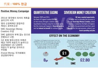 代案 : 100% 현금
Positive Money Campaign
2011년 영국에서 피셔의 계획을
살리고자 시작
영국 신경제재단 창립자인
제임스 로버트슨은
SMC (Sovereign Money
Creation) 주장
SMC 실현되어 부채 없는 돈으로
전환되고 나면,
3년 후에 영국시민의 저축은
매년 750억 파운드가 늘어나고
공공재원은 1조 5,000억
파운드가 늘어날 것이라고
주장함
(Future Money, 국가화폐의
공급원리에서)
31Confidential |
Positive Money Campaign
2011년 영국에서 피셔의 계획을
살리고자 시작
영국 신경제재단 창립자인
제임스 로버트슨은
SMC (Sovereign Money
Creation) 주장
SMC 실현되어 부채 없는 돈으로
전환되고 나면,
3년 후에 영국시민의 저축은
매년 750억 파운드가 늘어나고
공공재원은 1조 5,000억
파운드가 늘어날 것이라고
주장함
(Future Money, 국가화폐의
공급원리에서)
 