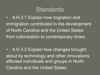 Standards
• · 8.H.3.1 Explain how migration and
immigration contributed to the development
of North Carolina and the United States
from colonization to contemporary times.
• · 8.H.3.2 Explain how changes brought
about by technology and other innovations
affected individuals and groups in North
Carolina and the United States.
 