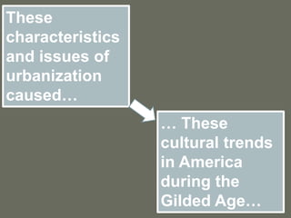 These
characteristics
and issues of
urbanization
caused…
… These
cultural trends
in America
during the
Gilded Age…
 