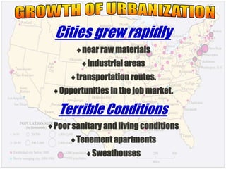 Cities grew rapidly
near raw materials
industrial areas
transportation routes.
Opportunities in the job market.
Terrible Conditions
Poor sanitary and living conditions
Tenement apartments
Sweathouses
 