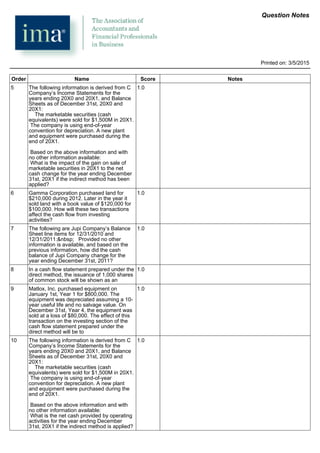 Order Name Score Notes
5 The following information is derived from C
Company’s Income Statements for the
years ending 20X0 and 20X1, and Balance
Sheets as of December 31st, 20X0 and
20X1:
The marketable securities (cash
equivalents) were sold for $1,500M in 20X1.
The company is using end-of-year
convention for depreciation. A new plant
and equipment were purchased during the
end of 20X1.
Based on the above information and with
no other information available:
What is the impact of the gain on sale of
marketable securities in 20X1 to the net
cash change for the year ending December
31st, 20X1 if the indirect method has been
applied?
1.0
6 Gamma Corporation purchased land for
$210,000 during 2012. Later in the year it
sold land with a book value of $120,000 for
$100,000. How will these two transactions
affect the cash flow from investing
activities?
1.0
7 The following are Jupi Company’s Balance
Sheet line items for 12/31/2010 and
12/31/2011:&nbsp; Provided no other
information is available, and based on the
previous information, how did the cash
balance of Jupi Company change for the
year ending December 31st, 2011?
1.0
8 In a cash flow statement prepared under the
direct method, the issuance of 1,000 shares
of common stock will be shown as an
1.0
9 Matlox, Inc. purchased equipment on
January 1st, Year 1 for $800,000. The
equipment was depreciated assuming a 10-
year useful life and no salvage value. On
December 31st, Year 4, the equipment was
sold at a loss of $80,000. The effect of this
transaction on the investing section of the
cash flow statement prepared under the
direct method will be to
1.0
10 The following information is derived from C
Company’s Income Statements for the
years ending 20X0 and 20X1, and Balance
Sheets as of December 31st, 20X0 and
20X1:
The marketable securities (cash
equivalents) were sold for $1,500M in 20X1.
The company is using end-of-year
convention for depreciation. A new plant
and equipment were purchased during the
end of 20X1.
Based on the above information and with
no other information available:
What is the net cash provided by operating
activities for the year ending December
31st, 20X1 if the indirect method is applied?
1.0
Question Notes
Printed on: 3/5/2015
 