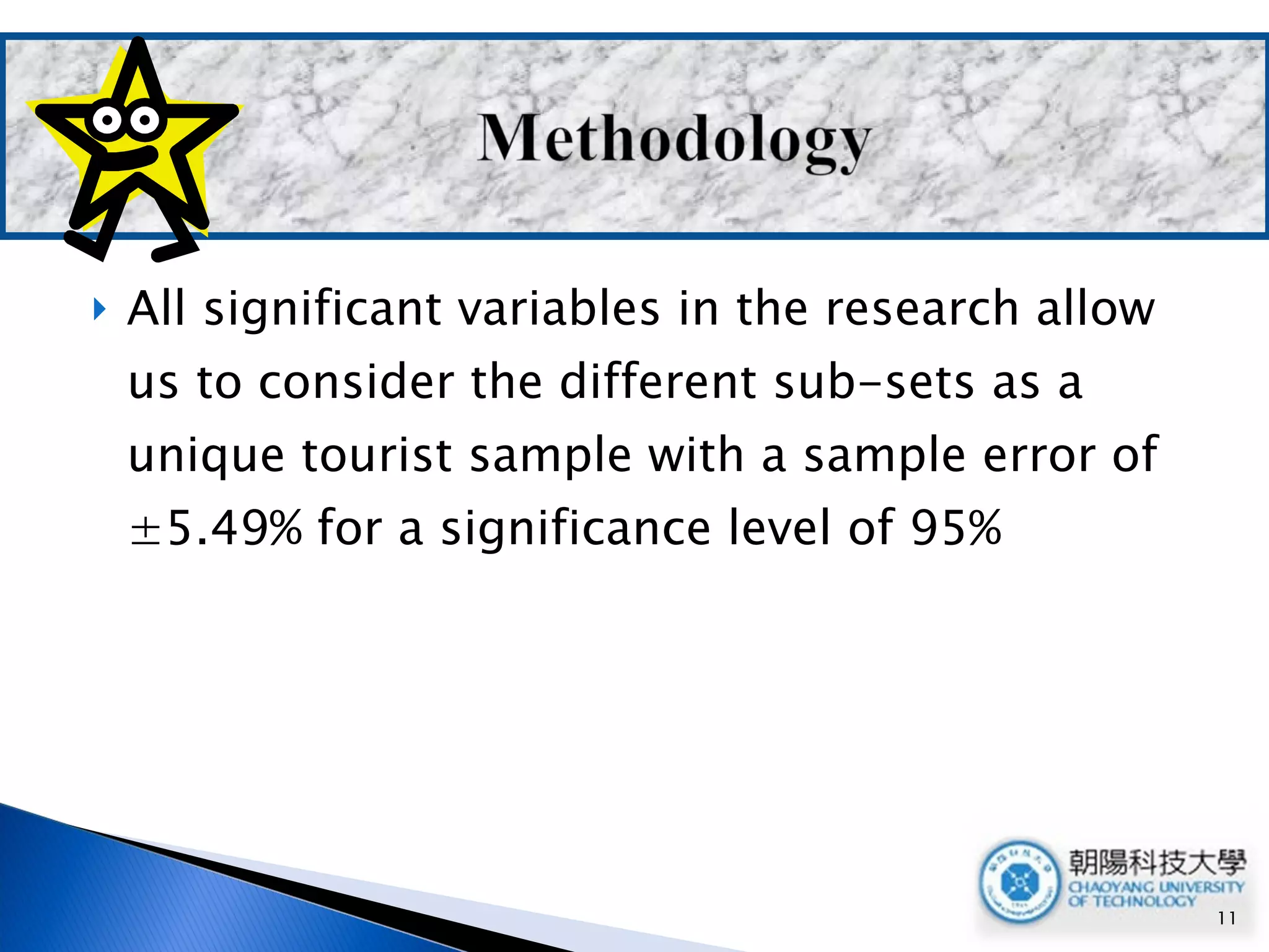 All significant variables in the research allow us to consider the different sub-sets as a unique tourist sample with a sample error of ±5.49% for a significance level of 95% 