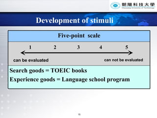 Development of stimuli can be evaluated can not be evaluated 1 2 3 4 5 Search goods = TOEIC books Experience goods = Language school program Five-point  scale 