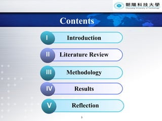 Contents V Click to add Title 1 Introduction I Click to add Title 2 Literature Review II Click to add Title 1 Methodology III Click to add Title 2 Results IV Click to add Title 1 Reflection 