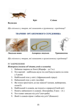 15
Кріт Сліпак
Ведмедка
Що спільного у тварин, які мешкають в ґрунтовому середовищі?
ТВАРИНИ ОРГАНІЗМОВОГО СЕРЕДОВИЩА
Людська воша Аскарида людська Трипаносома
Що спільного у тварин, які мешкають в організмовому середовищі?
ІV ЗАКРІПЛЕННЯ
Вікторина (можна об’єднати учнів в команди)
1. Найвища тварина на Землі.(Жирафа – до 5 м.)
2. Хто важчий – найбільша акула чи слон?(акула важча за слона
у 5 разів)
3. Найбільший птах у світі. (Африканський страус)
4. Найменший птах у світі. (колібрі)
5. Які птахи прилітають до нас навесні? (шпаки, жайворонки,
солов’ї)
6. Найбільший із ссавців, що існують в природі.(Синій кит)
7. Назвіть найменшого із ссавців. (Землерийка, її вага - 2г.)
8. Хто плаває швидше від усіх? (меч-риба)
9. Який із ссавців пірнає глибше від усіх? (Кашалот)
 