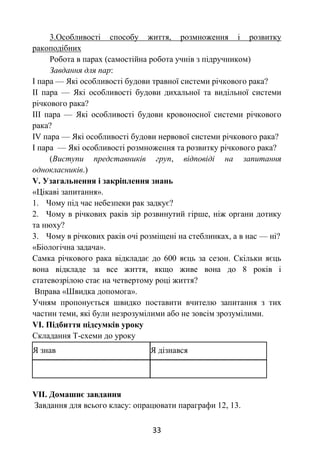 33
3.Особливості способу життя, розмноження і розвитку
ракоподібних
Робота в парах (самостійна робота учнів з підручником)
Завдання для пар:
I пара — Які особливості будови травної системи річкового рака?
II пара — Які особливості будови дихальної та видільної системи
річкового рака?
III пара — Які особливості будови кровоносної системи річкового
рака?
IV пара — Які особливості будови нервової системи річкового рака?
І пара — Які особливості розмноження та розвитку річкового рака?
(Виступи представників груп, відповіді на запитання
однокласників.)
V. Узагальнення і закріплення знань
«Цікаві запитання».
1. Чому під час небезпеки рак задкує?
2. Чому в річкових раків зір розвинутий гірше, ніж органи дотику
та нюху?
3. Чому в річкових раків очі розміщені на стеблинках, а в нас — ні?
«Біологічна задача».
Самка річкового рака відкладає до 600 яєць за сезон. Скільки яєць
вона відкладе за все життя, якщо живе вона до 8 років і
статевозрілою стає на четвертому році життя?
Вправа «Швидка допомога».
Учням пропонується швидко поставити вчителю запитання з тих
частин теми, які були незрозумілими або не зовсім зрозумілими.
VІ. Підбиття підсумків уроку
Складання Т-схеми до уроку
Я знав Я дізнався
VІІ. Домашнє завдання
Завдання для всього класу: опрацювати параграфи 12, 13.
 