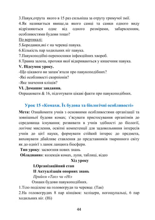 44
3.Павук,отрута якого в 15 раз сильніша за отруту гримучої змії.
4.Як називається явище,за якого самці та самки одного виду
відрізняються одне від одного розмірами, забарвленням,
особливостями будови тощо?
По вертикалі:
5.Бородавки,які є на черевці павука.
6.Кількість пар ходильних ніг павука.
7.Павукоподібні-переносники інфекційних хвороб.
8.Травна залоза, протоки якої відкриваються у кишечник павука.
V. Підсумок уроку.
-Що цікавого ви запам’ятали про павукоподібних?
-Які особливості скорпіонів?
-Яке значення кліщів?
VІ. Домашнє завдання.
Опрацювати & 16, підготувати цікаві факти про павукоподібних.
Урок 15 «Комахи. Їх будова та біологічні особливості»
Мета: Ознайомити учнів з основними особливостями організації та
зовнішньої будови комах; з’ясувати пристосування організмів до
середовища існування; розвивати в учнів здібності до біології,
логічне мислення, освітні компетенції для задовольняння інтересів
учнів до цієї науки, формувати стійкий інтерес до предмета,
виховувати дбайливе ставлення до представників тваринного світу
як до однієї з ланок ланцюга біосфери.
Тип уроку: засвоєння нових знань
Обладнання: колекція комах, лупи, таблиці, відео
Хід уроку
І.Організаційний етап
ІІ Актуалізація опорних знань
Прийом «Так» чи «Ні»
Ознаки будови павукоподібних.
1.Тіло поділене на головогруди та черевце. (Так)
2.На головогрудях 8 пар кінцівок: хеліцери, ногощупальці, 6 пар
ходильних ніг. (Ні)
 