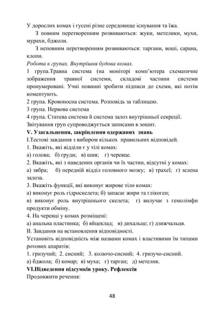 48
У дорослих комах і гусені різне середовище існування та їжа.
З повним перетворенням розвиваються: жуки, метелики, мухи,
мурахи, бджоли.
З неповним перетворенням розвиваються: таргани, воші, сарана,
клопи.
Робота в групах. Внутрішня будова комах.
1 група.Травна система (на моніторі комп’ютера схематичне
зображення травної системи, складові частини системи
пронумеровані. Учні повинні зробити підписи до схеми, які потім
коментують.
2 група. Кровоносна система. Розповідь за таблицею.
3 група. Нервова система
4 група. Статева система й система залоз внутрішньої секреції.
Звітування груп супроводжується записами в зошит.
V. Узагальнення, закріплення одержаних знань
І.Тестові завдання з вибором кількох правильних відповідей.
1. Вкажіть, які відділи є у тілі комах:
а) голова; б) груди; в) шия; г) черевце.
2. Вкажіть, які з наведених органів чи їх частин, відсутні у комах:
а) зябра; б) передній відділ головного мозку; в) трахеї; г) зелена
залоза.
3. Вкажіть функції, які виконує жирове тіло комах:
а) виконує роль гідроскелета; б) запасає жири та глікоген;
в) виконує роль внутрішнього скелета; г) вилучає з гемолімфи
продукти обміну.
4. На черевці у комах розміщені:
а) анальна пластинка; б) яйцеклад; в) дихальце; г) дзижчальця.
ІІ. Завдання на встановлення відповідності.
Установіть відповідність між назвами комах і властивими їм типами
ротових апаратів:
1. гризучий; 2. сисний; 3. колючо-сисний; 4. гризучо-сисний.
а) бджола; б) комар; в) муха; г) тарган; д) метелик.
VІ.Підведення підсумків уроку. Рефлексія
Продовжити речення:
 