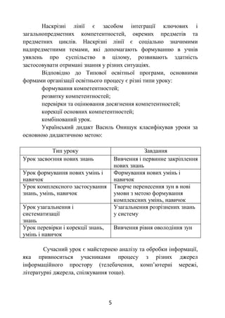 5
Наскрізні лінії є засобом інтеграції ключових і
загальнопредметних компетентностей, окремих предметів та
предметних циклів. Наскрізні лінії є соціально значимими
надпредметними темами, які допомагають формуванню в учнів
уявлень про суспільство в цілому, розвивають здатність
застосовувати отримані знання у різних ситуаціях.
Відповідно до Типової освітньої програми, основними
формами організації освітнього процесу є різні типи уроку:
формування компетентностей;
розвитку компетентностей;
перевірки та оцінювання досягнення компетентностей;
корекції основних компетентностей;
комбінований урок.
Український дидакт Василь Онищук класифікував уроки за
основною дидактичною метою:
Тип уроку Завдання
Урок засвоєння нових знань Вивчення і первинне закріплення
нових знань
Урок формування нових умінь і
навичок
Формування нових умінь і
навичок
Урок комплексного застосування
знань, умінь, навичок
Творче перенесення зун в нові
умови з метою формування
комплексних умінь, навичок
Урок узагальнення і
систематизації
знань
Узагальнення розрізнених знань
у систему
Урок перевірки і корекції знань,
умінь і навичок
Вивчення рівня оволодіння зун
Сучасний урок є майстернею аналізу та обробки інформації,
яка привноситься учасниками процесу з різних джерел
інформаційного простору (телебачення, комп’ютерні мережі,
літературні джерела, спілкування тощо).
 
