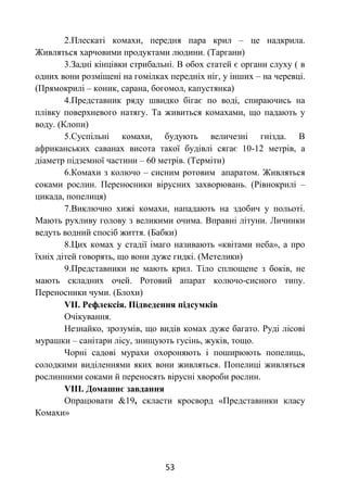 53
2.Плескаті комахи, передня пара крил – це надкрила.
Живляться харчовими продуктами людини. (Таргани)
3.Задні кінцівки стрибальні. В обох статей є органи слуху ( в
одних вони розміщені на гомілках передніх ніг, у інших – на черевці.
(Прямокрилі – коник, сарана, богомол, капустянка)
4.Представник ряду швидко бігає по воді, спираючись на
плівку поверхневого натягу. Та живиться комахами, що падають у
воду. (Клопи)
5.Суспільні комахи, будують величезні гнізда. В
африканських саванах висота такої будівлі сягає 10-12 метрів, а
діаметр підземної частини – 60 метрів. (Терміти)
6.Комахи з колючо – сисним ротовим апаратом. Живляться
соками рослин. Переносники вірусних захворювань. (Рівнокрилі –
цикада, попелиця)
7.Виключно хижі комахи, нападають на здобич у польоті.
Мають рухливу голову з великими очима. Вправні літуни. Личинки
ведуть водний спосіб життя. (Бабки)
8.Цих комах у стадії імаго називають «квітами неба», а про
їхніх дітей говорять, що вони дуже гидкі. (Метелики)
9.Представники не мають крил. Тіло сплющене з боків, не
мають складних очей. Ротовий апарат колючо-сисного типу.
Переносники чуми. (Блохи)
VІІ. Рефлексія. Підведення підсумків
Очікування.
Незнайко, зрозумів, що видів комах дуже багато. Руді лісові
мурашки – санітари лісу, знищують гусінь, жуків, тощо.
Чорні садові мурахи охороняють і поширюють попелиць,
солодкими виділеннями яких вони живляться. Попелиці живляться
рослинними соками й переносять вірусні хвороби рослин.
VІІІ. Домашнє завдання
Опрацювати &19, скласти кросворд «Представники класу
Комахи»
 