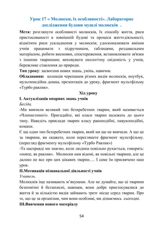 54
Урок 17 « Молюски, їх особливості». Лабораторне
дослідження будови мушлі молюсків .
Мета: розглянути особливості молюсків, їх способу життя, риси
пристосованості в зовнішній будові та процеси життєдіяльності;
відмітити риси ускладнення у молюсків; удосконалювати вміння
учнів працювати з підручником, таблицями, роздавальним
матеріалом, робити висновки, спостереження, встановлювати зв'язки
з іншими тваринами; виховувати екологічну свідомість у учнів,
бережливе ставлення до природи.
Тип уроку: засвоєння нових знань, умінь, навичок.
Обладнання: колекція черепашок різних видів молюсків, ноутбук,
мультимедійна дошка, презентація до уроку, фрагмент мультфільму
«Турбо равлик».
Хід уроку
І. Актуалізація опорних знань учнів
Бесіда.
-Ми вивчили великий тип безхребетних тварин, який називається
«Членистоногі». Пригадайте, які класи тварин належать до цього
типу. Наведіть приклади тварин класу ракоподібні, павукоподібні,
комахи.
Є ще один тип безхребетних тварин, який ми ще не вивчали. А що це
за тварини, ви скажете, коли переглянете фрагмент мультфільму.
(перегляд фрагменту мультфільму «Турбо Равлик»)
-Та насправді ми знаємо, коли людина повільно рухається, говорять:
«повзе, як равлик». Молюски нам відомі, як повільні тварини, але це
далеко не все про цих цікавих тварин…. І саме їм присвячено наш
урок.
ІІ.Мотивація пізнавальної діяльності учнів
Учитель.
Молюсків іще називають м’якунами. Але не думайте, що ці тварини
безпомічні й беззахисні, навпаки, вони добре пристосувалися до
життя й за кількістю видів займають третє місце серед тварин. Про
те, що це за організми, чим вони особливі, ми дізнаємось сьогодні.
ІІІ.Вивчення нового матеріалу
 