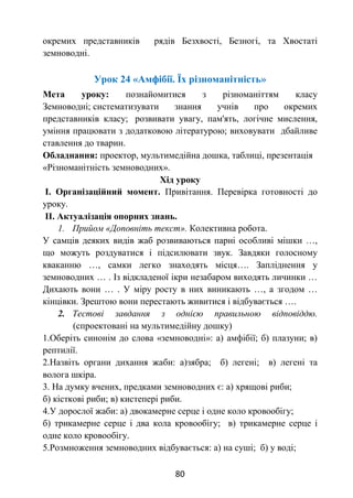80
окремих представників рядів Безхвості, Безногі, та Хвостаті
земноводні.
Урок 24 «Амфібії. Їх різноманітність»
Мета уроку: познайомитися з різноманіттям класу
Земноводні; систематизувати знання учнів про окремих
представників класу; розвивати увагу, пам'ять, логічне мислення,
уміння працювати з додатковою літературою; виховувати дбайливе
ставлення до тварин.
Обладнання: проектор, мультимедійна дошка, таблиці, презентація
«Різноманітність земноводних».
Хід уроку
І. Організаційний момент. Привітання. Перевірка готовності до
уроку.
ІІ. Актуалізація опорних знань.
1. Прийом «Доповніть текст». Колективна робота.
У самців деяких видів жаб розвиваються парні особливі мішки …,
що можуть роздуватися і підсилювати звук. Завдяки голосному
кваканню …, самки легко знаходять місця…. Запліднення у
земноводних … . Із відкладеної ікри незабаром виходять личинки …
Дихають вони … . У міру росту в них виникають …, а згодом …
кінцівки. Зрештою вони перестають живитися і відбувається ….
2. Тестові завдання з однією правильною відповіддю.
(спроектовані на мультимедійну дошку)
1.Оберіть синонім до слова «земноводні»: а) амфібії; б) плазуни; в)
рептилії.
2.Назвіть органи дихання жаби: а)зябра; б) легені; в) легені та
волога шкіра.
3. На думку вчених, предками земноводних є: а) хрящові риби;
б) кісткові риби; в) кистепері риби.
4.У дорослої жаби: а) двокамерне серце і одне коло кровообігу;
б) трикамерне серце і два кола кровообігу; в) трикамерне серце і
одне коло кровообігу.
5.Розмноження земноводних відбувається: а) на суші; б) у воді;
 