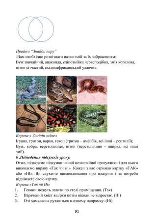 91
Прийом “Знайди пару”
-Вам необхідно розпізнати назви змій за їх зображенням:
Вуж звичайний, анаконда, сліпозмійка червеподібна, змія коралова,
пітон сітчастий, східноафриканський удавчик.
Вправа « Знайди зайве»
Ігуана, тритон, варан, гекон (тритон – амфібія, всі інші – рептилії);
Вуж, кобра, веретільниця, пітон (веретільниця – ящірка, всі інші
змії).
6 .Підведення підсумків уроку.
Отже, підведемо підсумки нашої незвичайної прогулянки і для цього
виконаємо вправу «Так чи ні». Кожен з вас отримав картку «ТАК»
або «НІ». Ви слухаєте висловлювання про плазунів і за потреби
піднімаєте свою картку.
Вправа «Так чи Ні»
1. Гекони можуть лазити по стелі приміщення. (Так)
2. Втрачений хвіст ящірки потім ніколи не відростає. (Ні)
3. Очі хамелеона рухаються в одному напрямку. (Ні)
 