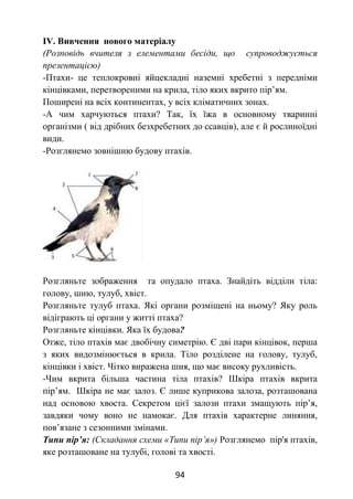 94
ІV. Вивчення нового матеріалу
(Розповідь вчителя з елементами бесіди, що супроводжується
презентацією)
-Птахи- це теплокровні яйцекладні наземні хребетні з передніми
кінцівками, перетвореними на крила, тіло яких вкрито пір’ям.
Поширені на всіх континентах, у всіх кліматичних зонах.
-А чим харчуються птахи? Так, їх їжа в основному тваринні
організми ( від дрібних безхребетних до ссавців), але є й рослиноїдні
види.
-Розглянемо зовнішню будову птахів.
Розгляньте зображення та опудало птаха. Знайдіть відділи тіла:
голову, шию, тулуб, хвіст.
Розгляньте тулуб птаха. Які органи розміщені на ньому? Яку роль
відіграють ці органи у житті птаха?
Розгляньте кінцівки. Яка їх будова?
Отже, тіло птахів має двобічну симетрію. Є дві пари кінцівок, перша
з яких видозмінюється в крила. Тіло розділене на голову, тулуб,
кінцівки і хвіст. Чітко виражена шия, що має високу рухливість.
-Чим вкрита більша частина тіла птахів? Шкіра птахів вкрита
пір’ям. Шкіра не має залоз. Є лише куприкова залоза, розташована
над основою хвоста. Секретом цієї залози птахи змащують пір’я,
завдяки чому воно не намокає. Для птахів характерне линяння,
пов’язане з сезонними змінами.
Типи пір’я: (Складання схеми «Типи пір’я») Розглянемо пір'я птахів,
яке розташоване на тулубі, голові та хвості.
 