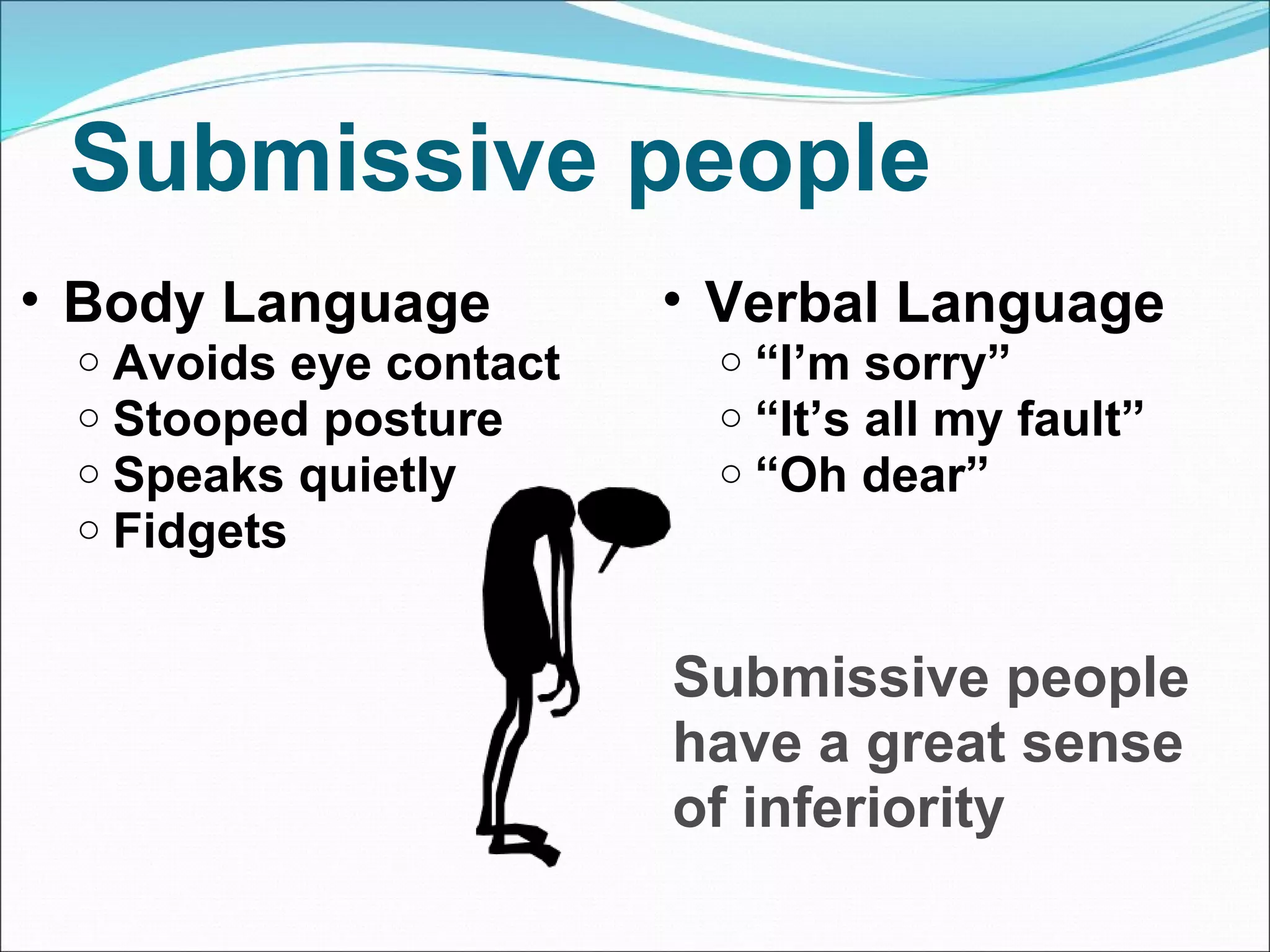 Submissive people Body Language Avoids eye contact Stooped posture Speaks quietly Fidgets Verbal Language “ I’m sorry” “ It’s all my fault” “ Oh dear” Submissive people  have a great sense of inferiority 