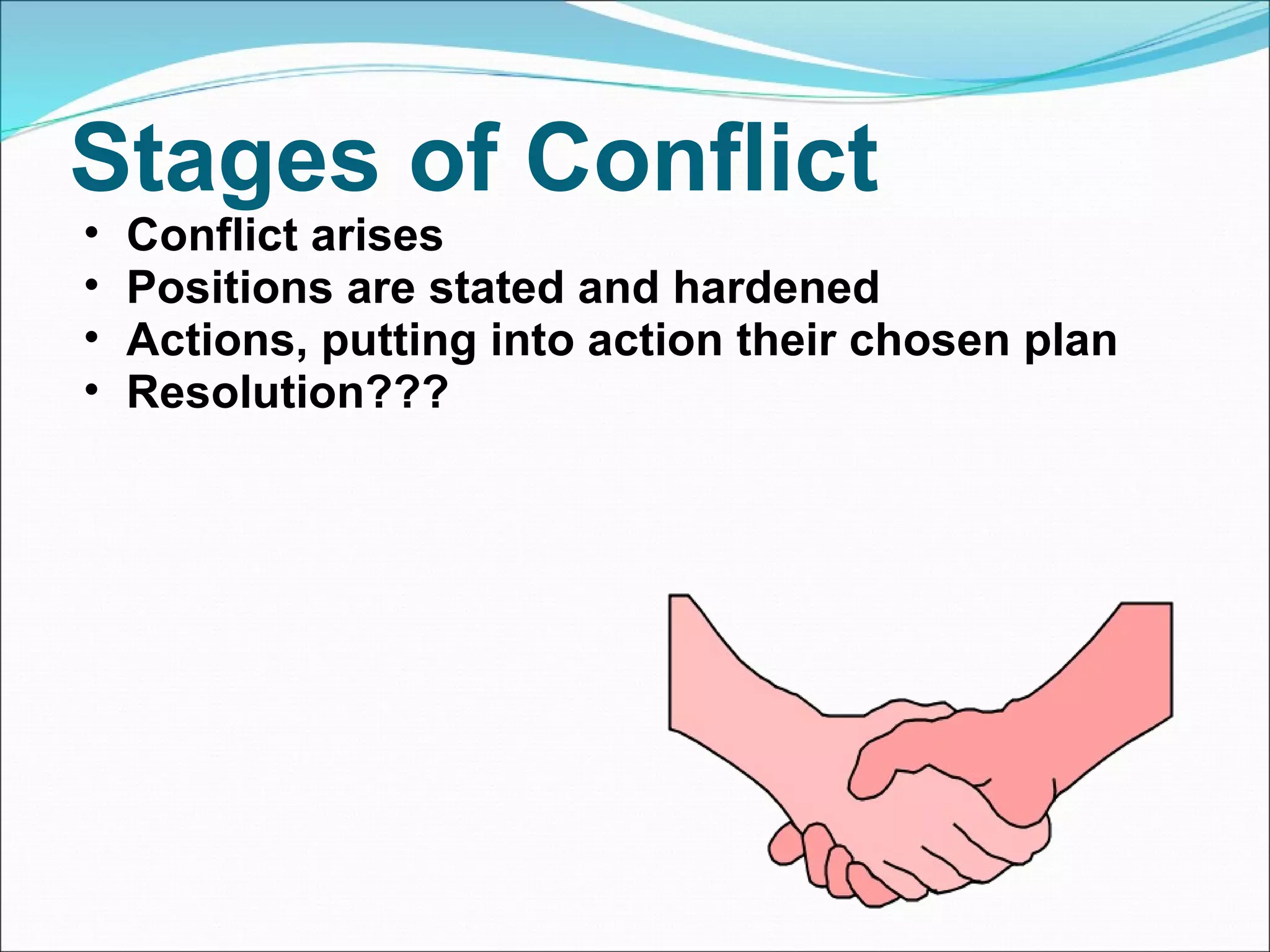 Stages of Conflict  Conflict arises  Positions are stated and hardened  Actions, putting into action their chosen plan  Resolution??? 