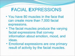 F ACIAL  E XPRESSIONS You have 80 muscles in the face that can create more than 7,000 facial expressions. The facial muscles produce the varying facial expressions that convey information about emotion, mood, and ideas. Emotional expressions are one primary result of activity by the facial muscles. 
