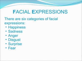 F ACIAL  E XPRESSIONS There are six categories of facial expressions: Happiness Sadness Anger Disgust Surprise Fear 